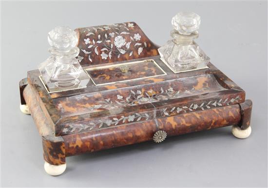 An early Victorian mother of pearl inset tortoiseshell ink stand, 9.5in.